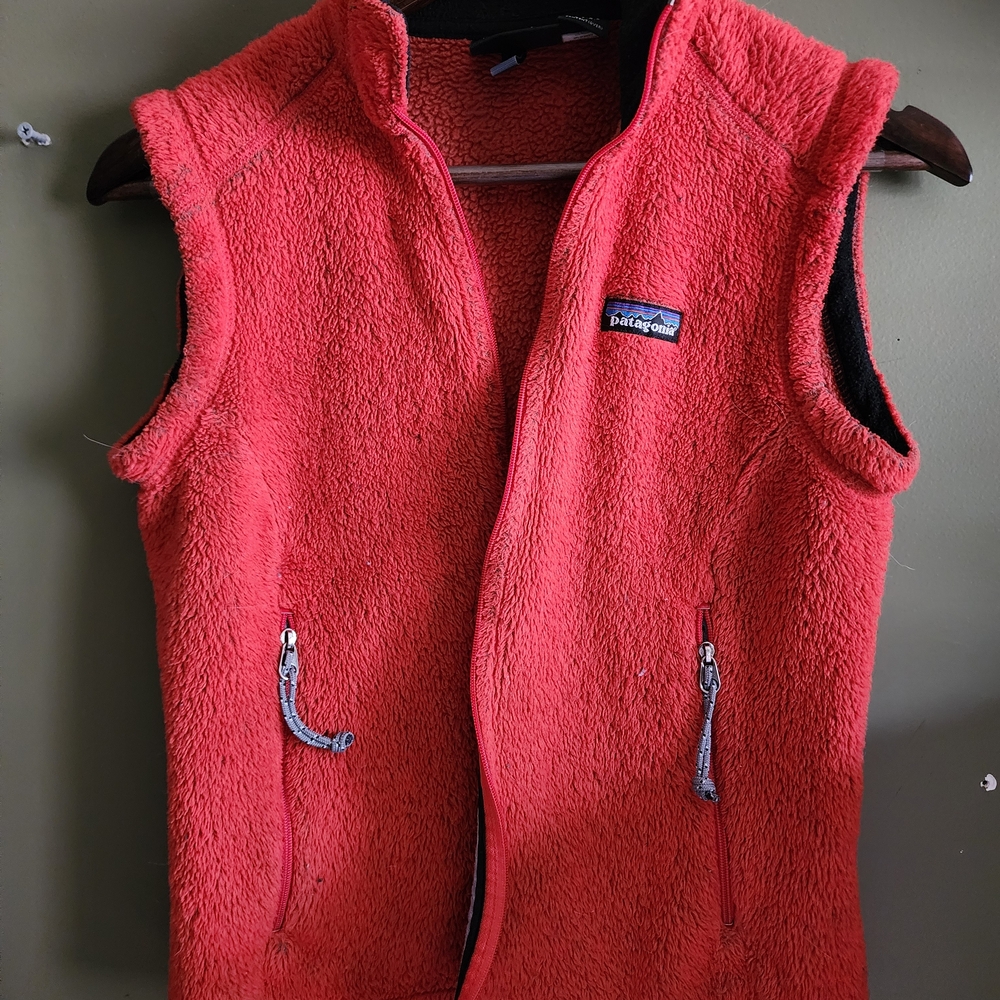 Patagonia Vibrant Orange Red and Soft Gray Vest (this is a blood orange red)